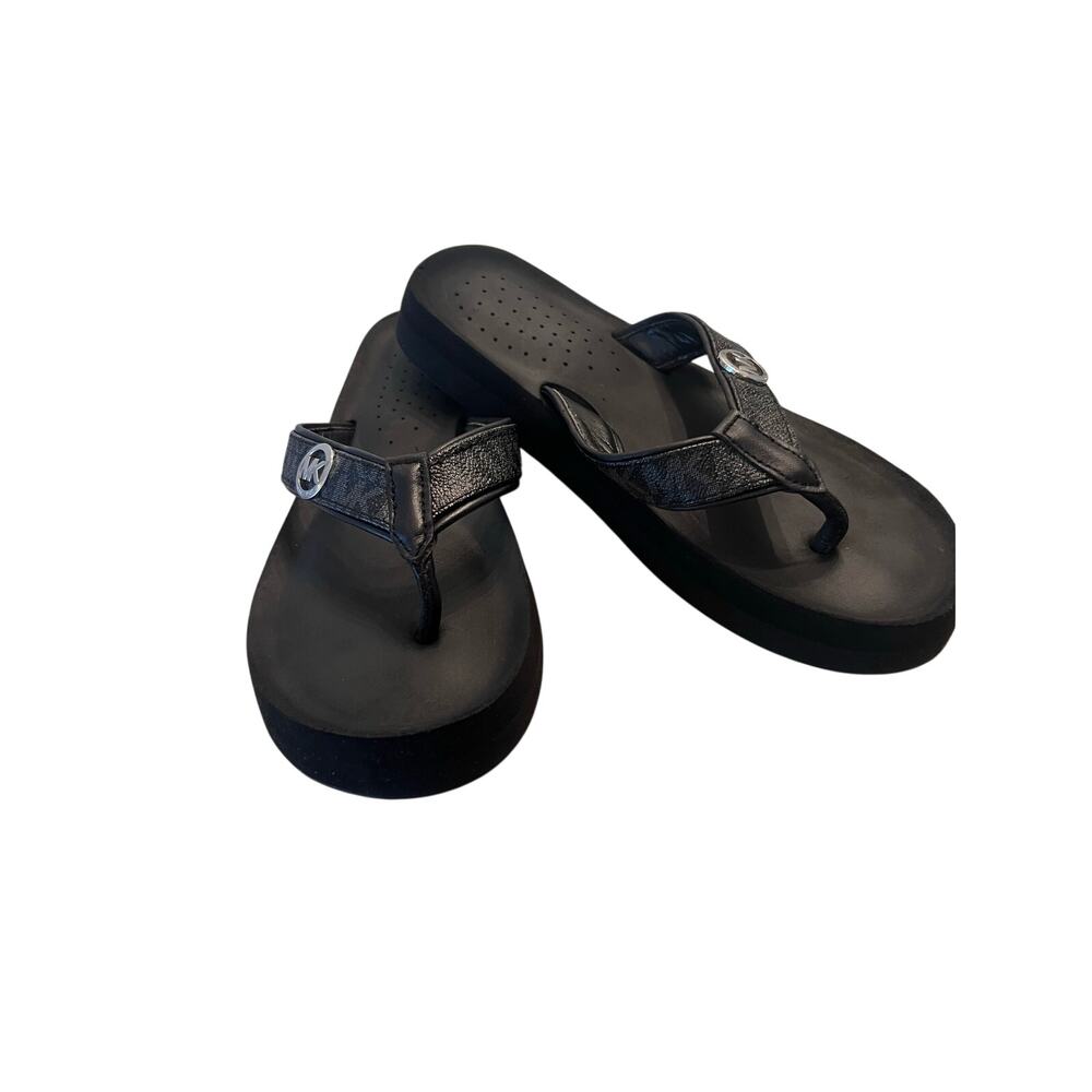 Michael Kors Woman's 8 Monogram Black Wedge Flip Flop Comfort Sandals